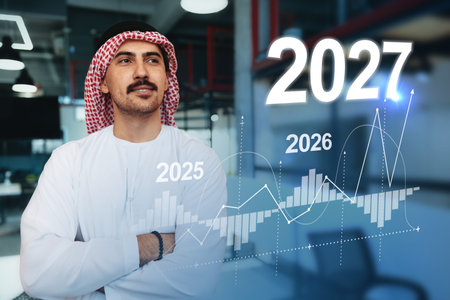 Business professional analyzing trends towards 2027 in modern workspace atmosphere