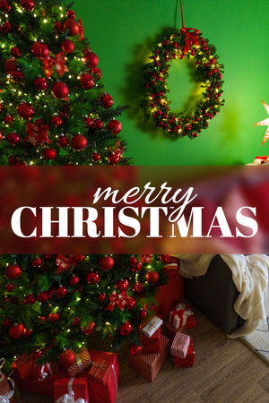 Festive Christmas scene with tree and decorations in cozy indoor setting