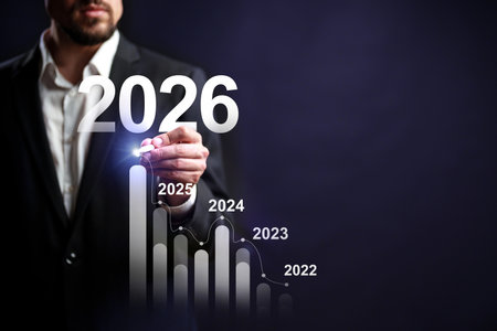 Business professional demonstrates growth trends with graph from 2022 to 2026