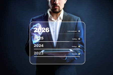 Businessman reviewing project timelines with futuristic interface in 2023の写真素材