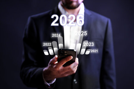 Future planning with a smartphone in a formal setting, focused on upcoming years