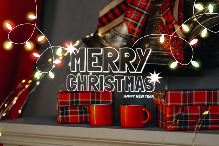 Festive holiday decorations highlight a cozy Christmas setting with gifts and lightsの写真素材