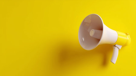 Bright yellow megaphone against a vivid yellow background for attention and communicationの素材