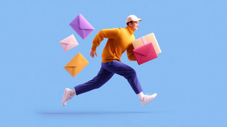 Man running with packages and envelopes in a colorful environmentの素材
