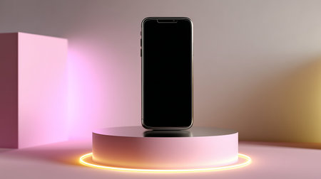Modern smartphone displayed on a pedestal in a stylish exhibit with colorful lightingの素材