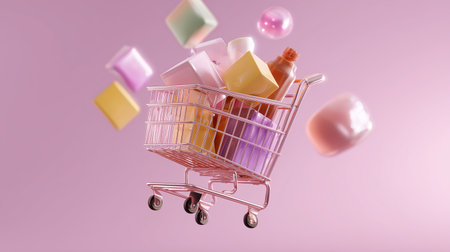 Shopping cart filled with colorful products floating against a pink backgroundの素材
