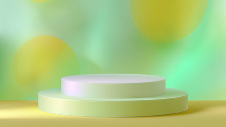 Stacked circular platforms with pastel colors in a soft, vibrant settingの素材