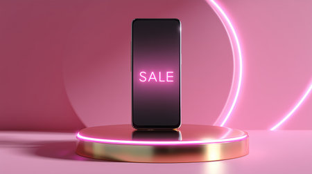 Smartphone on display with bright neon sale sign in modern showcase settingの素材