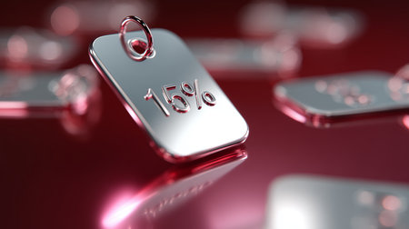 Sale tag showing 15 percent off on shiny display against a vibrant red backgroundの素材