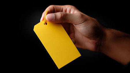 Person holding a blank yellow tag with a string against a dark background in low lightの素材