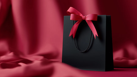 Elegant black gift bag with red ribbon on rich red fabric backdropの素材