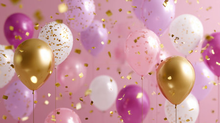 Celebration scene with colorful balloons and confetti in a festive atmosphereの素材