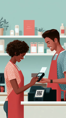 Store staff assist customer with mobile payment in a retail environmentの素材