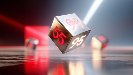 Floating dice reveal bright numbers in an intriguing digital setup at nightの素材