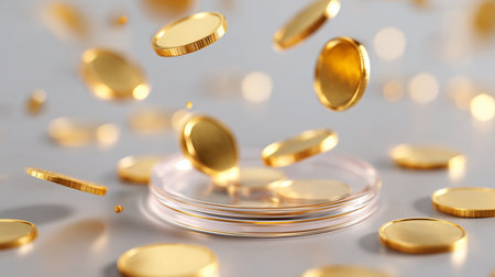 Coins falling onto a clear surface creating a vibrant golden displayの素材