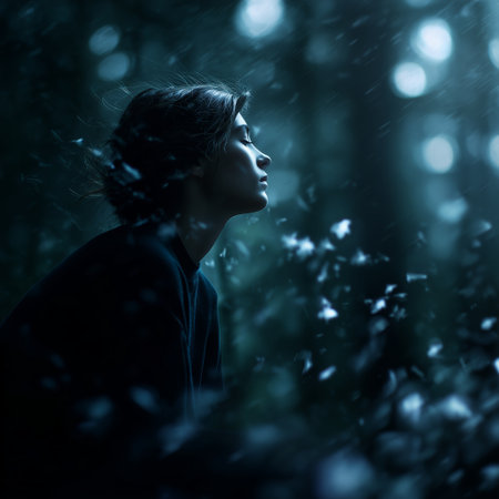 Young woman enjoying a quiet moment in a forest surrounded by falling leavesの素材
