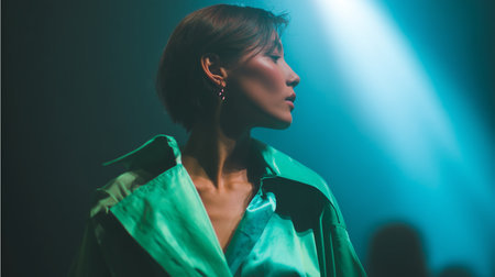 Woman in stylish green coat posing under stage lights at a trendy event in the eveningの素材