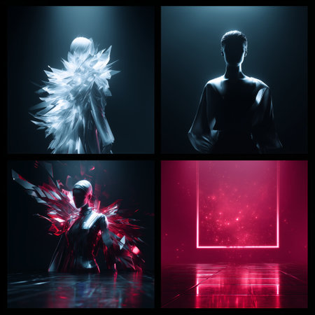 Futuristic art installation featuring abstract figures in glowing settingsの素材