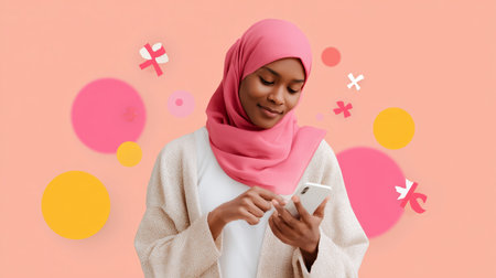 Young woman in hijab using smartphone with colorful background during daytimeの素材