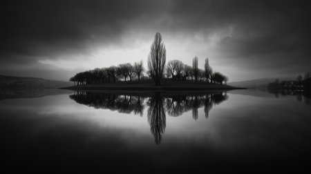 Calm lake reflects trees on cloudy day at tranquil island setting near waterの素材