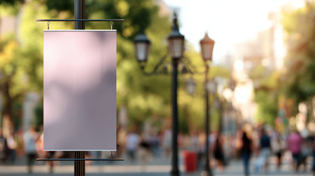 Bright city street scene with empty sign board and blurred pedestrians during daytimeの素材