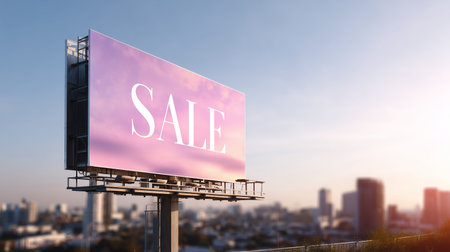 Bright billboard announcing sale in a city skyline during sunsetの素材