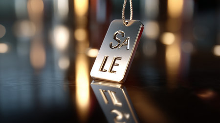 Shiny sale tag reflecting light on a smooth surface in a retail environmentの素材