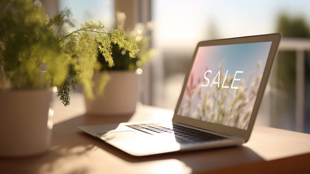 Seasonal sale displayed on a laptop next to green plants in a bright settingの素材