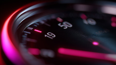 Close view of a speedometer highlighting speed and precision during nighttime drivingの素材