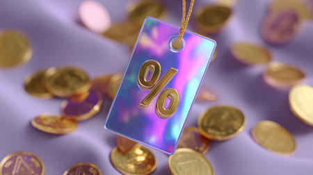 Colorful discount tag displayed on shiny coins with light reflections in a soft settingの素材
