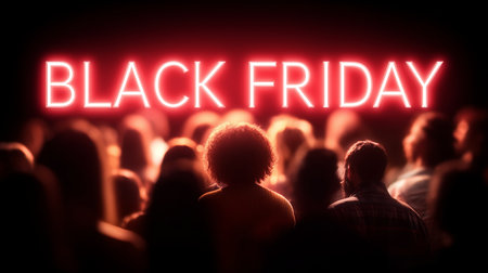 Crowd of shoppers excited for Black Friday sales in a dark, vibrant settingの素材
