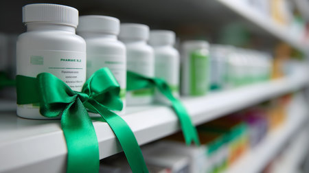 Colorful medicine bottles with green ribbons displayed on pharmacy shelvesの素材
