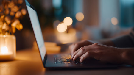 Hands typing on a laptop in a cozy room with warm lighting and a candleの素材