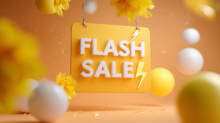 Bright yellow sign announcing a flash sale with colorful decorations in a joyful settingの素材