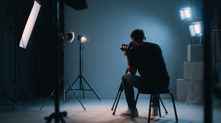 Photographer captures stunning shots in a well-lit studio settingの素材