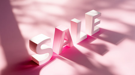 Big sale letters casting shadows on a pink background in a bright settingの素材