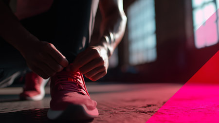 Runner prepares for workout by tying shoelaces in a bright gym settingの素材