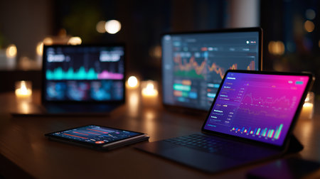 Digital devices display financial graphs in a dimly lit workspace at nightの素材