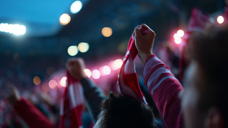 Fans cheer with scarves raised during a night sports event at a stadium in autumnの素材