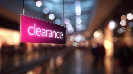Bright clearance sign hanging in a busy shopping mall during dayの素材
