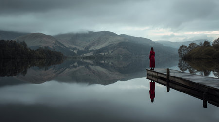 Woman in red coat stands on dock by serene lake reflecting mountains at duskの素材