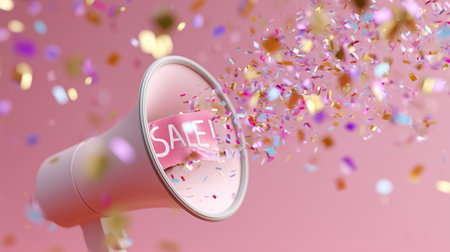 Colorful confetti bursts from a megaphone on a bright pink background during a celebrationの素材
