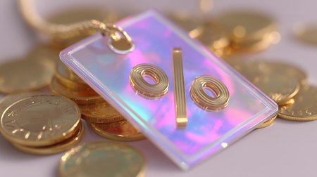 Discount tag resting on a pile of shiny golden coins reflecting lightの素材