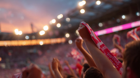 Excited fans wave scarves in celebration during a sunset soccer match at a stadiumの素材