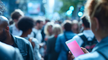 Crowd gathers on city street while individual checks smartphone during daytimeの素材