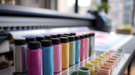 Colorful paint bottles lined up on a table in a bright, creative workspaceの素材