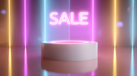 Bright neon sale display with colorful lights in a modern setting for promotional eventの素材