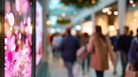 Busy shopping mall interior with colorful advertisements and crowds during daytimeの素材