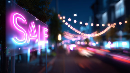 Colorful sale sign lights up a busy street at night during a vibrant shopping eventの素材
