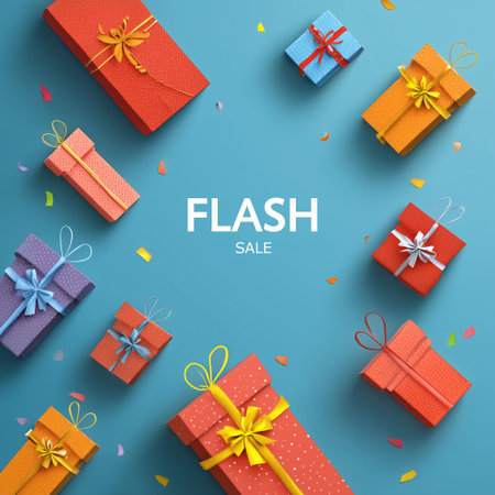 Presents in vibrant colors arranged on blue background for a flash sale eventの素材